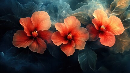 Obraz premium Three vibrant orange hibiscus flowers in smoky, dark background.
