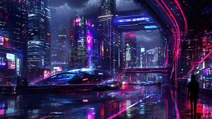 Futuristic Urban Scene with Neon Highlights in High-Tech