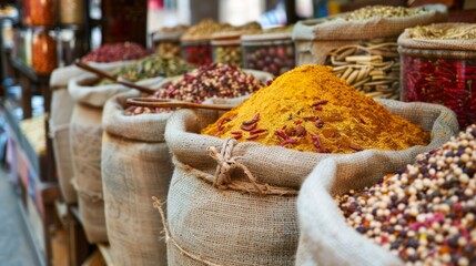 Assorted spices and grains displayed in traditional market