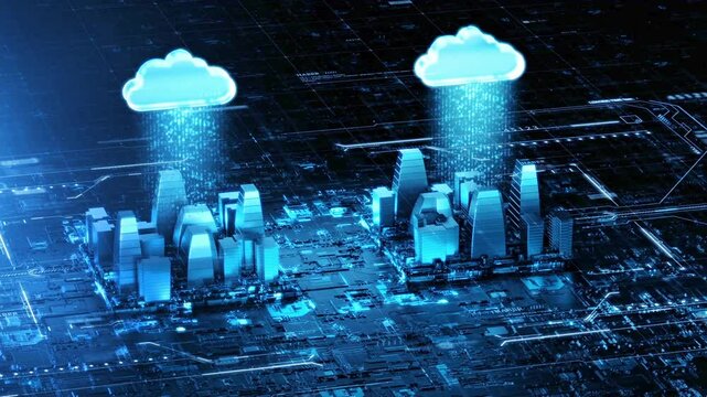 Cloud computing concept on blue circuit board, technology cloud computing transfers databases to the cloud. Digital data storage and backup, two cloud icons on circuit board are transferring data.
