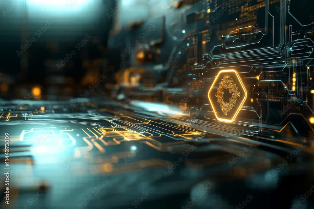 Poster futuristic technology design with glowing circuit board and digital elements in a dark setting