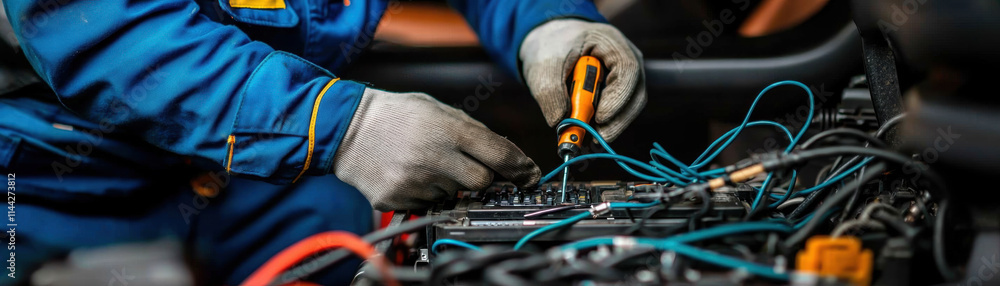 Poster mechanics repair engine testing. a mechanic working on intricate wiring in a vehicle's engine compar