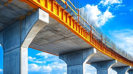 Fototapeta premium Highway Overpass Construction Concrete Pillars Steel Beams Blue Sky