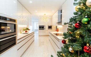 A sleek modern kitchen with polished cabinetry, LED lighting, and a Christmas tree featuring a mix of green, gold, and red ornaments