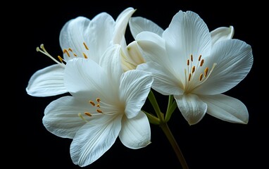 Obraz premium Three white lilies on black background, close-up, showing delicate petals and stamens.