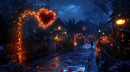 Romantic Rainy Night Street  Heart Lights  Valentine s Day
