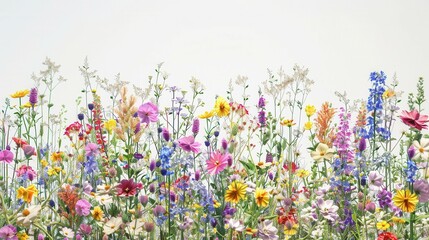 A field of vibrant flowers contrasts with a pure white background