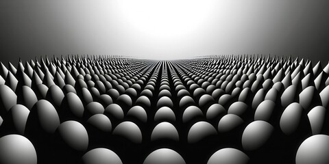 Black and white photo of many small spheres