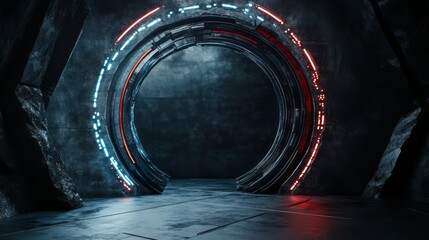 3D rendering of a dark room with a circular portal, a sci-fi tunnel entrance, a technological environment, glowing blue and red lights, a metal structure and a metal ring in the center