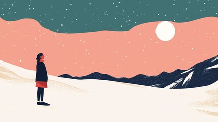 Obraz premium A flat illustration of an Asian woman standing in the snow, looking up at distant mountains and the moon, with simple colors and clean lines