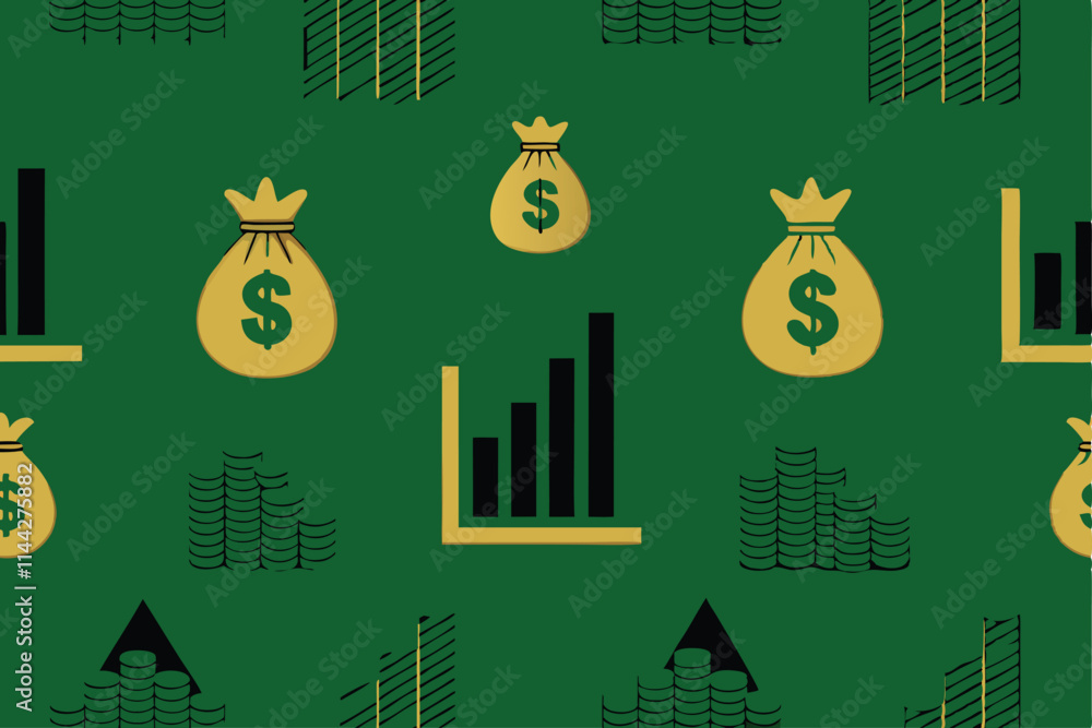 Poster create a seamless vector pattern featuring repeated, stylized economic symbols like dollar signs, gr