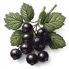 A cluster of ripe blackcurrants on a branch with leaves, digitally illustrated.