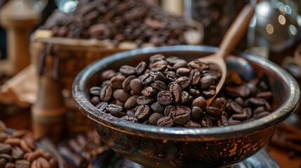 Fototapeta premium Close-up of coffee beans in a wooden bowl with spoon