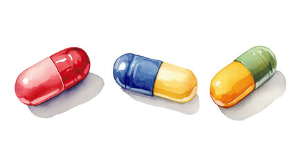 Three multicolored pills, a simple watercolor clipart on a white background