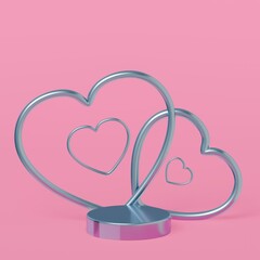 Pink heart podium pedestal pastel color mockup platform, valentine wedding celebration, 3D rendering.