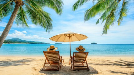 Couple relaxing on beach chairs under a parasol, enjoying tropical scenery.