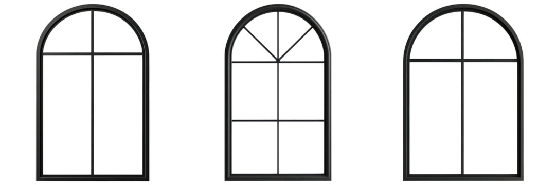 Three arched windows featuring distinct grid patterns, showcasing architectural design elements, white background, transparent background.
