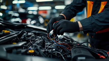 Mechanics repair engine testing. Mechanic working on car engine wires in a garage setting.
