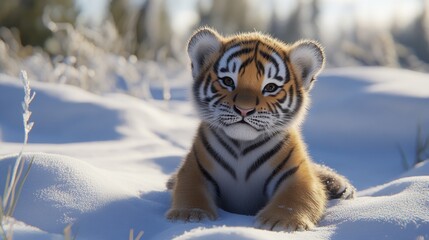 Obraz premium Adorable tiger cub in snowy winter landscape.