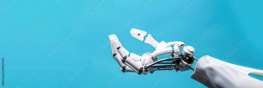 Poster a robotic hand extends against a blue background, showcasing advanced technology and design in robot