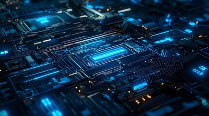 Close-up macro shot of a blue computer circuit board showcasing intricate electronic components, including a processor chip, connected via a complex network of traces