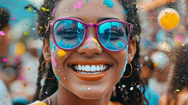 Celebrating joy and color at a vibrant festival with confetti and laughter under a bright sunny sky