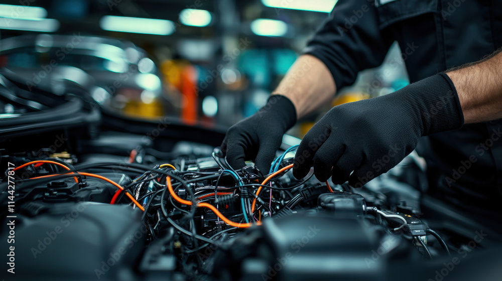 Poster mechanics repair engine testing. mechanic working on complex engine wiring in a workshop.