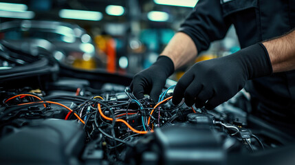 Mechanics repair engine testing. Mechanic working on complex engine wiring in a workshop.