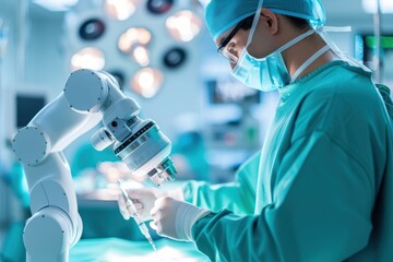 A surgeon operates with robotic assistance in a sterile environment, showcasing advanced medical technology and precision in surgery.