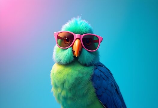 Cute Exotic Parrot Macaw aor Parakeet Wearing Sunglasses in the Tropical Wild Blurred Background