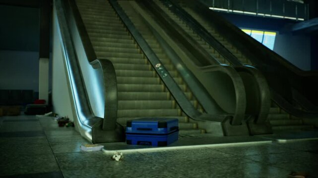 The deserted airport terminal reveals neglected escalators and forgotten luggage, creating an eerie atmosphere in a once bustling travel hub