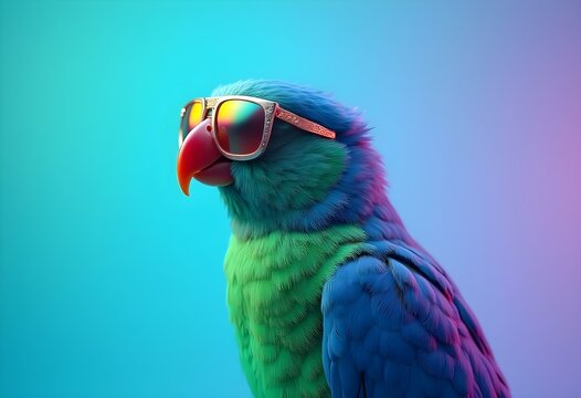 Cute Exotic Parrot Macaw aor Parakeet Wearing Sunglasses in the Tropical Wild Blurred Background