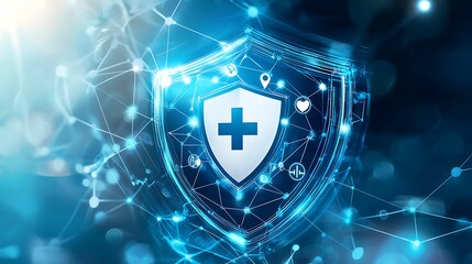 Health info medical privacy. A digital shield symbolizing health and protection, integrated with blue light and connectivity elements, representing cybersecurity in healthcare.
