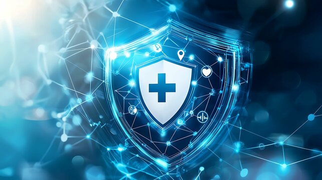 Health info medical privacy. A digital shield symbolizing health and protection, integrated with blue light and connectivity elements, representing cybersecurity in healthcare.