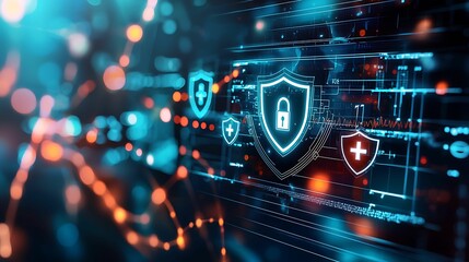 Health info medical privacy. A digital illustration showcasing cybersecurity icons, including shields and padlocks, representing data protection and online security.