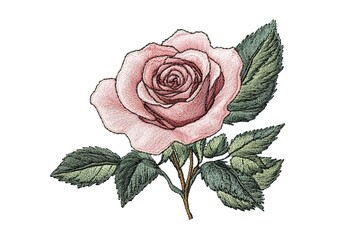 Delicate Embroidered Rose with Detailed Leaves