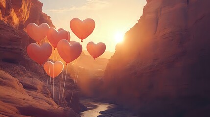 Fototapeta premium Heart balloons in warm shades of amber and rose, glowing against a dramatic desert canyon lit by a low-hanging sun