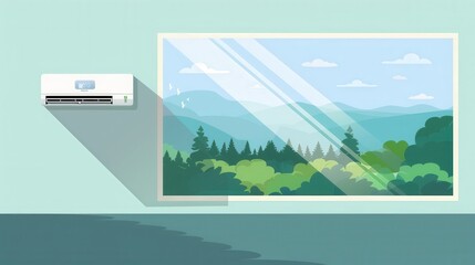 Air conditioner mounted on wall next to a large window showcasing a serene mountain view with greenery outside. Generative AI