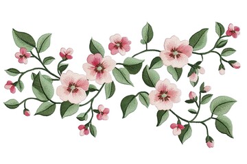 Fototapeta premium Delicate embroidered floral design with pink blossoms and green leaves.