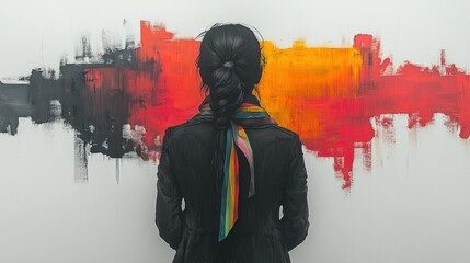 Fototapeta premium Woman Contemplating Abstract Art: A Study in Color and Emotion