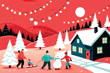 A joyous family playfully builds a snowman in a picturesque snowy landscape,  with a cheerful winter atmosphere.