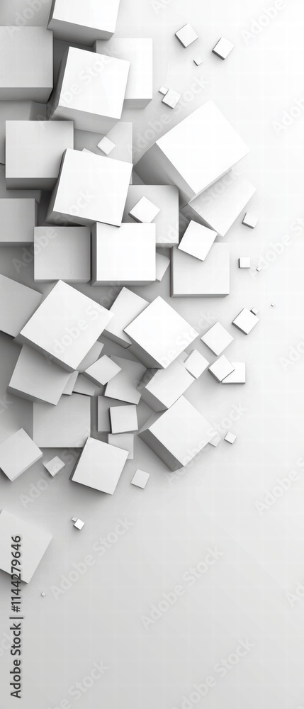 Poster dynamic abstract composition of white cubes studio digital art minimalist aerial view modern aesthet