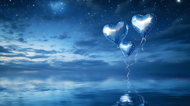 Navy blue and silver heart balloons floating over a starry sky reflected in a calm ocean below - Powered by Adobe