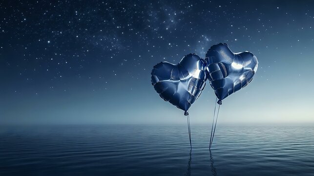 Navy blue and silver heart balloons floating over a starry sky reflected in a calm ocean below - Powered by Adobe