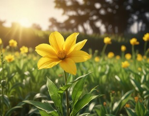 Obraz premium Large bright yellow petals unfolding from a sturdy green stem in a warm sunlit field, golden, outdoor