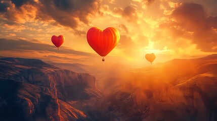Fototapeta premium Radiant heart balloons in fiery orange and red soaring above a dramatic canyon bathed in golden light