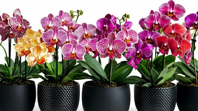 Colorful display of blooming orchids in stylish planters showcasing vibrant hues and unique patterns