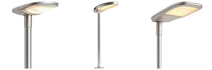 Modern street lamps with sleek designs, featuring elongated light fixtures mounted on slender poles, white background, transparent background.