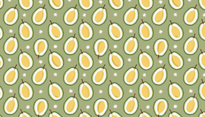 Seamless pattern with durian fruit on green background. Vector illustration.