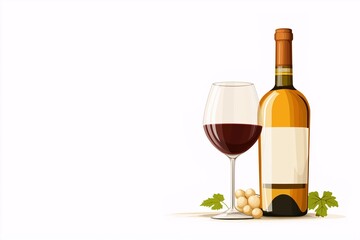 Obraz premium Elegant Wine Bottle and Glass with Grapes on a White Background for Upscale Culinary and Beverage Promotions, Ideal for Marketing, Advertising, and Branding Use
